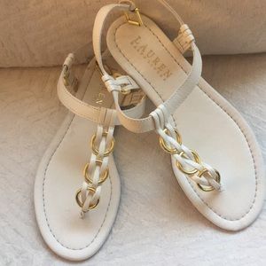 RALPH LAUREN T Strap leather & gold circle sandals